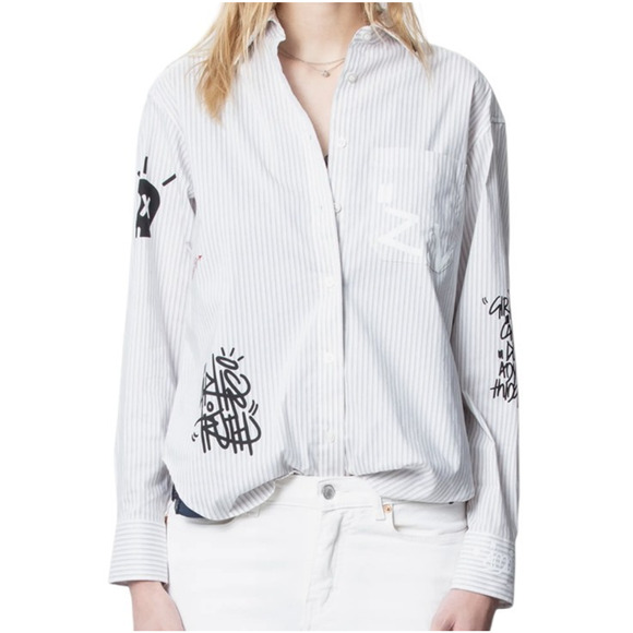 Zadig Voltaire Tais Raye XS Button Up Shirt Stripe Girl Power Designer White - Picture 1 of 15